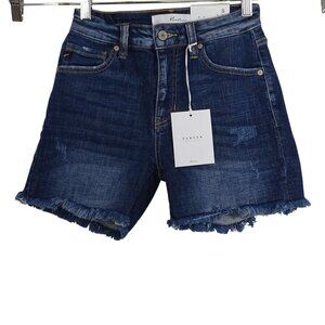 KanCan High Rise Distressed Denim Jean Shorts Women Size S Dark Wash Raw Hem NEW